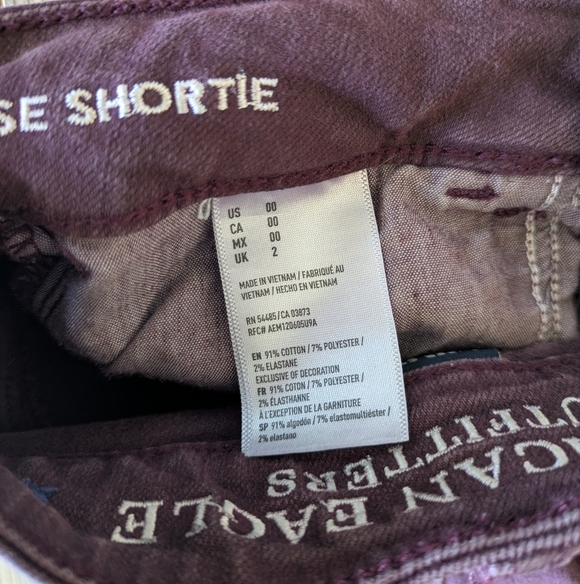 AE American Eagle Outfitters Maroon Denim Jean High Rise Shortie Shorts 00 - Picture 5 of 7